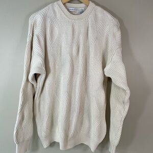 CLAIBORNE Mens XL Cream Cotton Fishermen Knit Crewneck Sweater Prep Y2K Classic